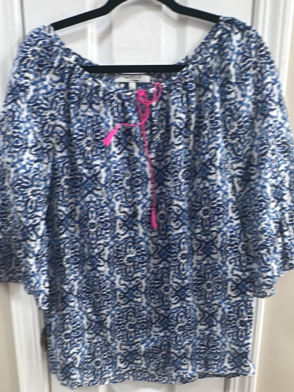 Milly Blue Patterned Peasant Top with Pink Tie pit-pit 22 (mix52)